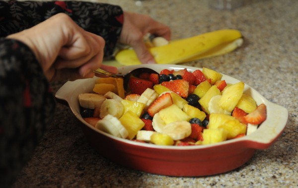 A fruit salad with sliced bananas, pineapple and blueberries and strawberries that have been marinated in vanilla balsamic vinegar. A fruit salad with sliced bananas, pineapple and blueberries and strawberries that have been marinated in vanilla balsamic vinegar.
