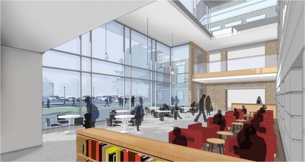 Under a $3 million interior redesign-and-renovation project currently being developed by the Bangor Public Library directors, a glass-encased "front porch" would be built onto the BPL's 1997 addition. In this architect's drawing, the view extends from the interior to Harlow Street. Under a $3 million interior redesign-and-renovation project currently being developed by the Bangor Public Library directors, a glass-encased "front porch" would be built onto the BPL's 1997 addition. In this architect's drawing, the view extends from the interior to Harlow Street.