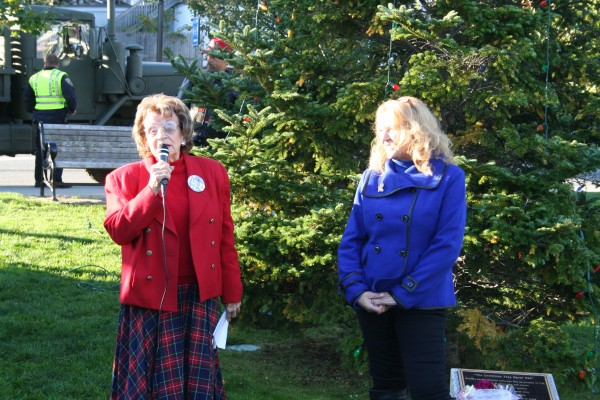 Edith Nowels (left) of Brielle, N.J. addresses gathering in Bar Harbor Sunday morning before Christmas lights were removed from a tree in a public park and transported to Columbia Falls. Edith Nowels (left) of Brielle, N.J. addresses gathering in Bar Harbor Sunday morning before Christmas lights were removed from a tree in a public park and transported to Columbia Falls.