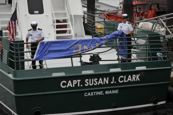 Maine Maritime Academy students reveal the new name of a training vessel. The vessel was named after Susan Clark, an alumna who set many precedents as a female ship captain. Maine Maritime Academy students reveal the new name of a training vessel. The vessel was named after Susan Clark, an alumna who set many precedents as a female ship captain.