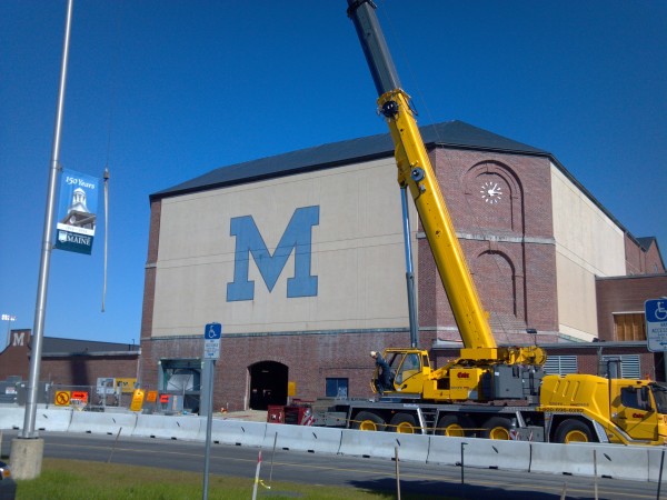Workers from P.C. Construction of Portland and Cote Crane of Auburn perform work on the the University of Maine field house recently. The estimated $5 million project is now expected to be completed in early January 2014. Workers from P.C. Construction of Portland and Cote Crane of Auburn perform work on the the University of Maine field house recently. The estimated $5 million project is now expected to be completed in early January 2014.