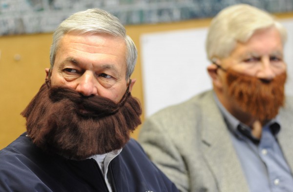 Irv Marsters and Bangor Mayor Nelson Durgin (right), both members of the committee to bring the World Series trophy to Bangor, sport Red Sox beards at their meeting Thursday morning at City Hall. Irv Marsters and Bangor Mayor Nelson Durgin (right), both members of the committee to bring the World Series trophy to Bangor, sport Red Sox beards at their meeting Thursday morning at City Hall.