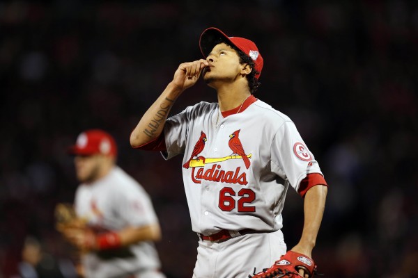 St. Louis Cardinals relief pitcher Carlos Martinez (62) reacts after getting out of the eighth inning against the Boston Red Sox during game two of the World Series at Fenway Park in Boston Thursday night. The Cardinals won 4-2. St. Louis Cardinals relief pitcher Carlos Martinez (62) reacts after getting out of the eighth inning against the Boston Red Sox during game two of the World Series at Fenway Park in Boston Thursday night. The Cardinals won 4-2.