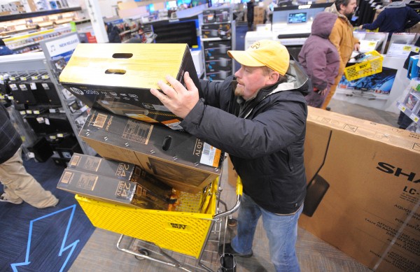 Ted Robertson of Sussex, New Brunswick bought three televisions and three printers during the Black Friday sale at Best Buy in Bangor Thursday night. Ted Robertson of Sussex, New Brunswick bought three televisions and three printers during the Black Friday sale at Best Buy in Bangor Thursday night.