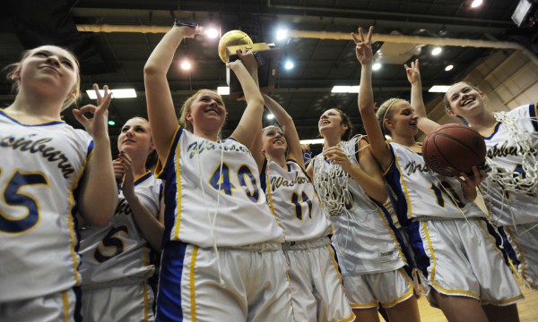 Washburn's girls basketball team celebrates with the gold ball after defeating Richmond 75-55 during class D state championship action in March at the Bangor Auditorium. Washburn's girls basketball team celebrates with the gold ball after defeating Richmond 75-55 during class D state championship action in March at the Bangor Auditorium.