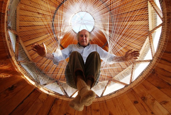 William Coperthwaite, author of "The Handmade Life: In Search of Simplicity," sits suspended by 100-pound fishing line that he has incorporated into the design of his yurt in Machiasport in 2003. William Coperthwaite, author of "The Handmade Life: In Search of Simplicity," sits suspended by 100-pound fishing line that he has incorporated into the design of his yurt in Machiasport in 2003.