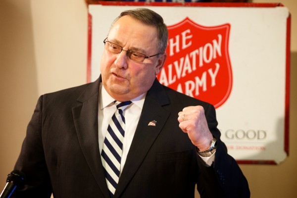 Gov. Paul LePage helps kick off the annual Salvation Army red kettle drive at the State House in Augusta Thursday. Gov. Paul LePage helps kick off the annual Salvation Army red kettle drive at the State House in Augusta Thursday.