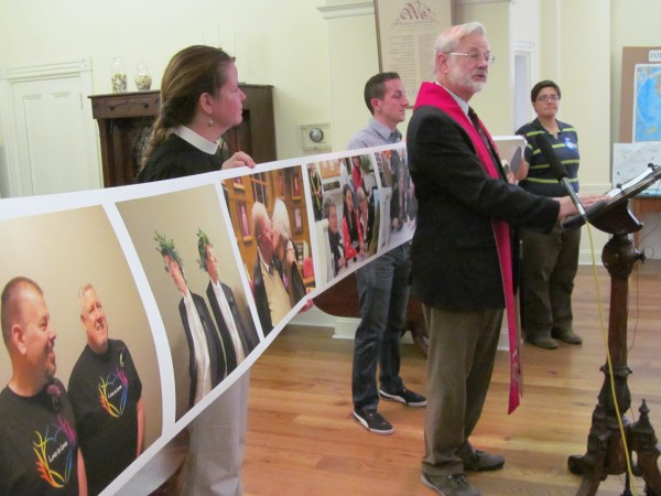 Rev. Don Rudalevige joins members of the organization EqualityMaine on Wednesday at the First Parish Church in Portland to commemorate the one-year anniversary of the vote to legalize same-sex marriage in Maine. Rev. Don Rudalevige joins members of the organization EqualityMaine on Wednesday at the First Parish Church in Portland to commemorate the one-year anniversary of the vote to legalize same-sex marriage in Maine.