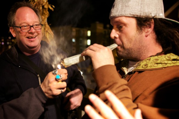 Writer Crash Barry (left) and Frank Rizzo of Bethel light up a joint at the "Yes on 1" headquarters in Portland on Tuesday night after declaring victory in a referendum to legalize recreational use of marijuana in the city. Writer Crash Barry (left) and Frank Rizzo of Bethel light up a joint at the "Yes on 1" headquarters in Portland on Tuesday night after declaring victory in a referendum to legalize recreational use of marijuana in the city.
