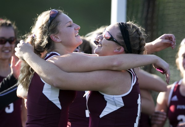 Foxcroft Academy's Julia Annis (left) and MacKenzie Coiley congratulate each other after defeating North Yarmouth Academy in the Class C field hockey state championship game Saturday, Nov. 2, 2013, in Yarmouth, Maine. Foxcroft Academy's Julia Annis (left) and MacKenzie Coiley congratulate each other after defeating North Yarmouth Academy in the Class C field hockey state championship game Saturday, Nov. 2, 2013, in Yarmouth, Maine.
