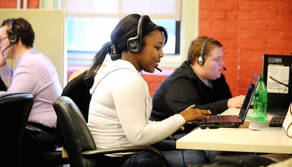Lotoya Jeffrey of Lewiston answers a caller's question at the Lewiston call center for Argo Marketing Group on Friday, Oct. 25. Argo Marketing Group is renovating the former McCrory building on Lisbon Street in Lewiston into a new call center with seats for 250 workers. Lotoya Jeffrey of Lewiston answers a caller's question at the Lewiston call center for Argo Marketing Group on Friday, Oct. 25. Argo Marketing Group is renovating the former McCrory building on Lisbon Street in Lewiston into a new call center with seats for 250 workers.