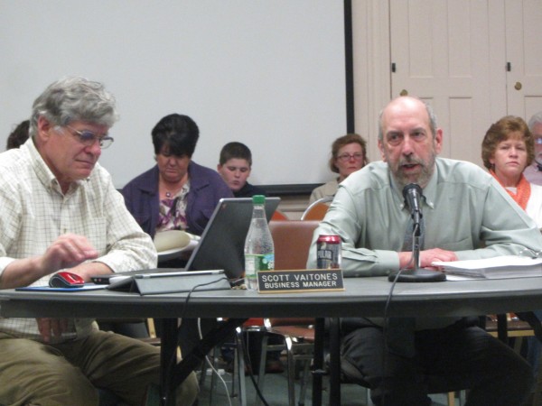 Regional School Unit 13 Superintendent Lew Collins, right, is shown in this April 1, 2013 file photo. On the left is Business Manager Scott Vaitones. Regional School Unit 13 Superintendent Lew Collins, right, is shown in this April 1, 2013 file photo. On the left is Business Manager Scott Vaitones.
