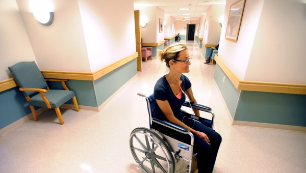 Kara Janes of Castine, then a graduate student at the University of Maine’s School of Social Work, sits in a wheelchair at the Lakewood Continuing Care Center in Waterville in July 2011. While healthy, Janes spent 10 days in the nursing facility to learn firsthand about long-term care. Today, Janes manages At Home Downeast, a program on the Blue Hill Peninsula that helps elderly residents remain in their homes. Kara Janes of Castine, then a graduate student at the University of Maine’s School of Social Work, sits in a wheelchair at the Lakewood Continuing Care Center in Waterville in July 2011. While healthy, Janes spent 10 days in the nursing facility to learn firsthand about long-term care. Today, Janes manages At Home Downeast, a program on the Blue Hill Peninsula that helps elderly residents remain in their homes.