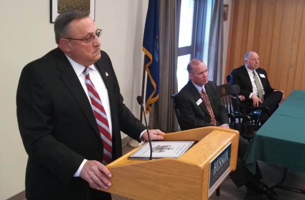 Maine Gov. Paul LePage speaks to a group of Bangor-area business and commerce leaders at an Action Committee of 50 event at Husson University on Wednesday, Dec. 18, 2013. He stressed the accomplishments of his administration, especially in its efforts to pay of the state's hospital debts and pursue welfare reform. Maine Gov. Paul LePage speaks to a group of Bangor-area business and commerce leaders at an Action Committee of 50 event at Husson University on Wednesday, Dec. 18, 2013. He stressed the accomplishments of his administration, especially in its efforts to pay of the state's hospital debts and pursue welfare reform.