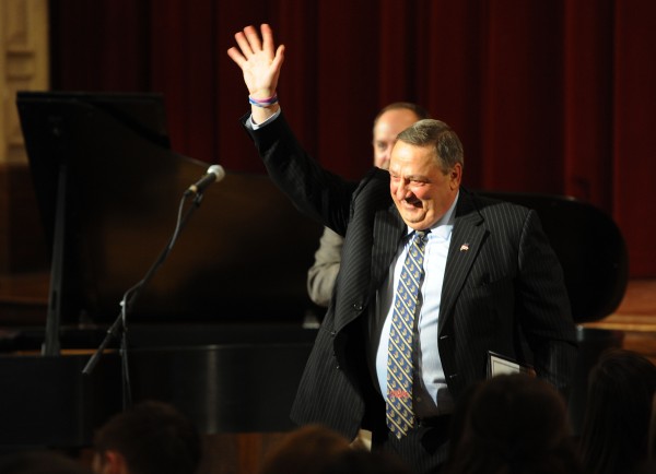 Gov. Paul LePage leaves a packed auditorium at John Bapst High School on Friday after speaking about domestic violence in this Dec. 6 file photo. Gov. Paul LePage leaves a packed auditorium at John Bapst High School on Friday after speaking about domestic violence in this Dec. 6 file photo.