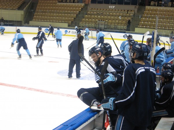 Maine's Spencer Abbott climbs over the boards and onto the ice during his team's practice at the DCU Center in Worcester, Mass., for the Northeast Regional against Minnesota-Duluth in 2012. Maine's Spencer Abbott climbs over the boards and onto the ice during his team's practice at the DCU Center in Worcester, Mass., for the Northeast Regional against Minnesota-Duluth in 2012.
