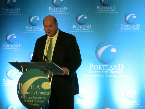 Bill Becker of Key Private Bank, president of the Portland Community Chamber, speaks at one of the organization's regular Eggs & Issues breakfast events Wednesday at the Holiday Inn By The Bay. Bill Becker of Key Private Bank, president of the Portland Community Chamber, speaks at one of the organization's regular Eggs & Issues breakfast events Wednesday at the Holiday Inn By The Bay.