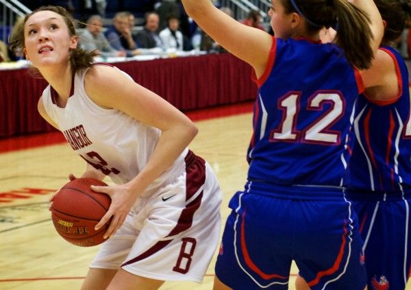 Bangor High School forward Mary Butler (left) looks to the basket around Mt. Ararat High School's Caitlin LaFountain in this February 2013 file photo. Bangor High School forward Mary Butler (left) looks to the basket around Mt. Ararat High School's Caitlin LaFountain in this February 2013 file photo.