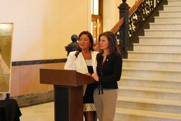 Denise Altvater, left, and Esther Attean, speak after seeing their portraits, by Brooksville artist Robert Shetterly, for the first time Wednesday at the Hall of Flags in the State House. Denise Altvater, left, and Esther Attean, speak after seeing their portraits, by Brooksville artist Robert Shetterly, for the first time Wednesday at the Hall of Flags in the State House.