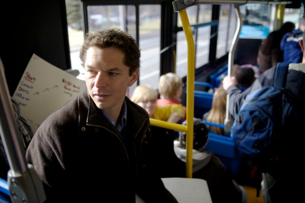Senate President Justin Alfond rides Portland's number five bus from downtown to South Portland Tuesday where the state wants to move DHHS offices. Alfond, along with many city officials and homeless advocates, opposes the move, saying it's too far from the department's client base. Senate President Justin Alfond rides Portland's number five bus from downtown to South Portland Tuesday where the state wants to move DHHS offices. Alfond, along with many city officials and homeless advocates, opposes the move, saying it's too far from the department's client base.