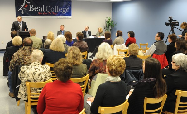 Gov. Paul LePage speaks to a packed room at Beal College about the college's new business concentrations and local entrepreneur initiative on Friday. Gov. Paul LePage speaks to a packed room at Beal College about the college's new business concentrations and local entrepreneur initiative on Friday.