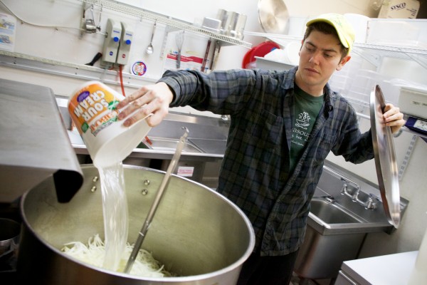 Drew Kinney, co-owner of Kamasouptra, adds water to what will become cauliflower and caramelized onion soup at the eatery's Maine Mall location in South Portland on Thursday. Kamasouptra's other retail location is in Portland's Monument Square. Drew Kinney, co-owner of Kamasouptra, adds water to what will become cauliflower and caramelized onion soup at the eatery's Maine Mall location in South Portland on Thursday. Kamasouptra's other retail location is in Portland's Monument Square.
