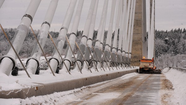 A snowplow clears the Penobscot Narrows Bridge deck of snow and ice debris recently. A snowplow clears the Penobscot Narrows Bridge deck of snow and ice debris recently.