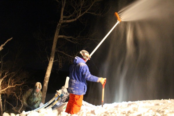 Caleb Dilworth (right), 25, of Greenbush and Aaron Obrien, 35, of Burnham clear snow away from a snow gun beside a ski trail on Sugarloaf Mountain on Jan. 9. Both are members of Sugarloaf's nighttime snowmaking crew. Caleb Dilworth (right), 25, of Greenbush and Aaron Obrien, 35, of Burnham clear snow away from a snow gun beside a ski trail on Sugarloaf Mountain on Jan. 9. Both are members of Sugarloaf's nighttime snowmaking crew.