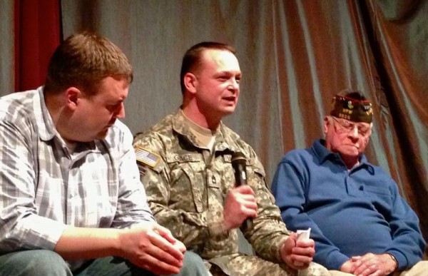 Maine Army National Guard Sgt. Nathaniel Grace, center, and other military veterans recount their personal experiences at a recent "story exchange" at the University of New England in Portland, under the guidance of Art At Work director Marty Pottenger. Maine Army National Guard Sgt. Nathaniel Grace, center, and other military veterans recount their personal experiences at a recent "story exchange" at the University of New England in Portland, under the guidance of Art At Work director Marty Pottenger.