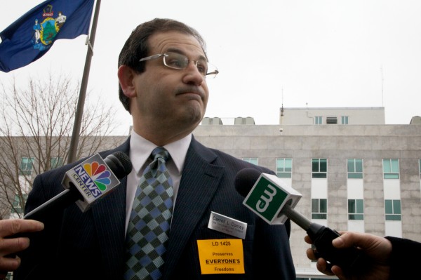 Carroll Conley of the Christian Civic league speaks with reporters outside the State House in Augusta Thursday while marshaling supporters of LD 1428. The proposed bill would allow individuals and organizations to sue the government if they believe their religious beliefs have been infringed. Carroll Conley of the Christian Civic league speaks with reporters outside the State House in Augusta Thursday while marshaling supporters of LD 1428. The proposed bill would allow individuals and organizations to sue the government if they believe their religious beliefs have been infringed.