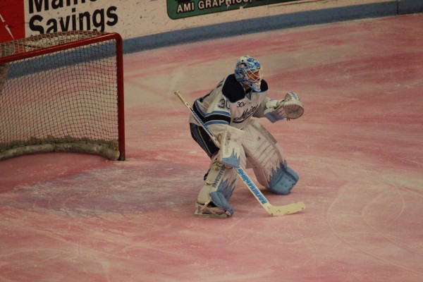 Maine goalie Dan Sullivan watches the action against St. Francis Xavier Tuesday night at Alfond Arena in Orono. Maine won the game 4-1 during the exhibition game, which was played on pink ice as part of Hockey East's Staking Strives initiative for breast cancer awareness. Maine goalie Dan Sullivan watches the action against St. Francis Xavier Tuesday night at Alfond Arena in Orono. Maine won the game 4-1 during the exhibition game, which was played on pink ice as part of Hockey East's Staking Strives initiative for breast cancer awareness.