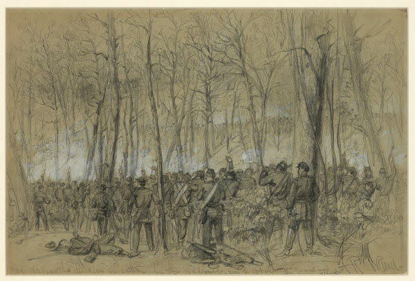 Artist Alfred Waud sketched Union troops deployed in a firing line and shooting at advancing Confederate troops in The Wilderness in early May 1864. These troops belonged to a division commanded by Brig. Gen. James S. Wadsworth; he was shot in the head and mortally wounded on May 6. Artist Alfred Waud sketched Union troops deployed in a firing line and shooting at advancing Confederate troops in The Wilderness in early May 1864. These troops belonged to a division commanded by Brig. Gen. James S. Wadsworth; he was shot in the head and mortally wounded on May 6.
