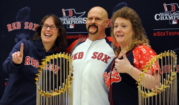 Lori, Stephen and Marie Huckabey pose for a photo with all three of the Red Sox World Series trophies at the Cross Insurance Center on Sunday. Lori, Stephen and Marie Huckabey pose for a photo with all three of the Red Sox World Series trophies at the Cross Insurance Center on Sunday.