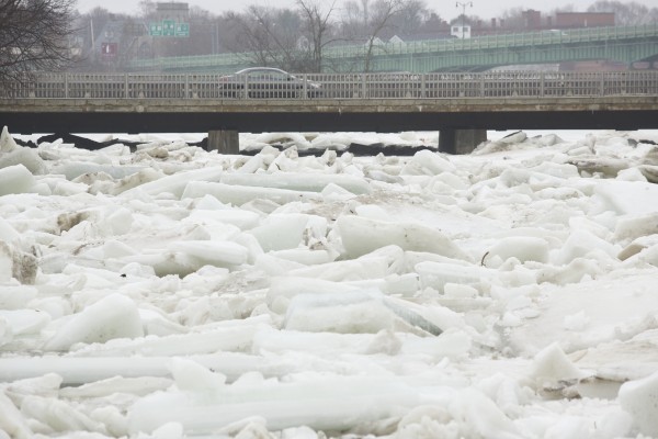In this January 2014 file photo, chunks of ice reach near the top of bridges and walkways that stretch over the Kenduskeag Stream. In this January 2014 file photo, chunks of ice reach near the top of bridges and walkways that stretch over the Kenduskeag Stream.