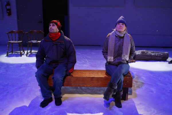 John Cariani and Kelly McAndrew contemplate their place in the universe in a scene from the first off-Broadway revival of Cariani's romantic comedy "Almost, Maine" playing Jan. 21 to March 2 in New York City. John Cariani and Kelly McAndrew contemplate their place in the universe in a scene from the first off-Broadway revival of Cariani's romantic comedy "Almost, Maine" playing Jan. 21 to March 2 in New York City.