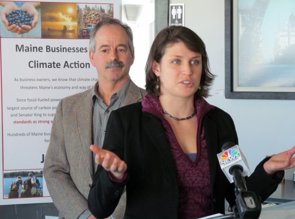 Bonnie Frye Hemphill of the Natural Resources Council of Maine addresses reporters Wednesday morning during a news conference on new federal carbon pollution rules at the Porthole Restaurant in Portland. Damariscotta River oyster farmer Bill Mook stands behind her. Bonnie Frye Hemphill of the Natural Resources Council of Maine addresses reporters Wednesday morning during a news conference on new federal carbon pollution rules at the Porthole Restaurant in Portland. Damariscotta River oyster farmer Bill Mook stands behind her.