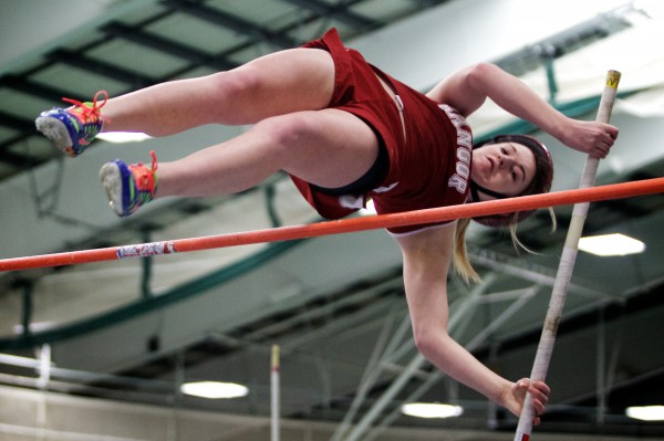 Abby Reynolds of Bangor High School demonstrates her pole-vaulting form during the Class A indoor state championships in February 2013. On Saturday, the senior set a PVC-EMITL record in the event. Abby Reynolds of Bangor High School demonstrates her pole-vaulting form during the Class A indoor state championships in February 2013. On Saturday, the senior set a PVC-EMITL record in the event.