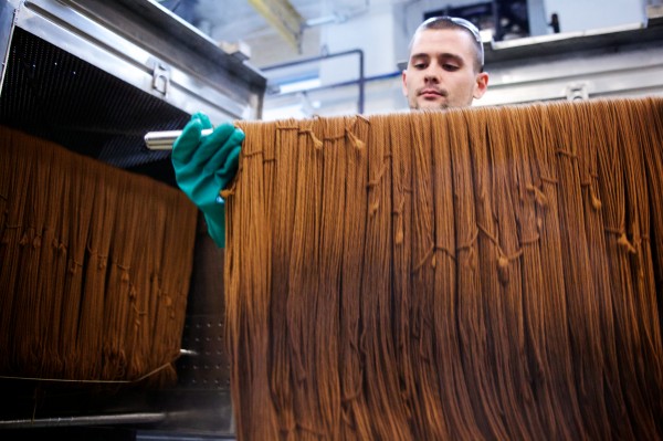 Max Marcous checks woolen yarn half way through the dyeing process at Saco River Dyehouse in Biddeford on Tuesday. The operation is the only organically certified yarn dyeing operation in the country. Max Marcous checks woolen yarn half way through the dyeing process at Saco River Dyehouse in Biddeford on Tuesday. The operation is the only organically certified yarn dyeing operation in the country.