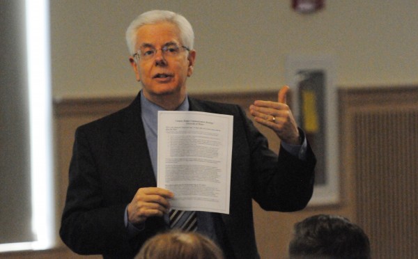 University of Maine President Paul Ferguson welcomes staff and faculty members to a budget meeting on Friday morning to explain changes at the university. University of Maine President Paul Ferguson welcomes staff and faculty members to a budget meeting on Friday morning to explain changes at the university.
