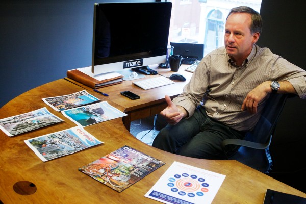 Kevin Thomas, publisher of Maine magazine, shows mock-up covers of his company's newest venture called Old Port magazine on Wednesday in Portland. The quarterly publication will hit the streets in June and will focus only on Portland's peninsula. Kevin Thomas, publisher of Maine magazine, shows mock-up covers of his company's newest venture called Old Port magazine on Wednesday in Portland. The quarterly publication will hit the streets in June and will focus only on Portland's peninsula.