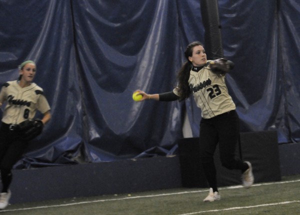 Haley Spiers of Husson University (23) fields the ball and is backed up by teammates Mallory Conary during Saturday's softball doubleheader against Brandeis on Saturday at the Mahaney Dome in Orono. Haley Spiers of Husson University (23) fields the ball and is backed up by teammates Mallory Conary during Saturday's softball doubleheader against Brandeis on Saturday at the Mahaney Dome in Orono.