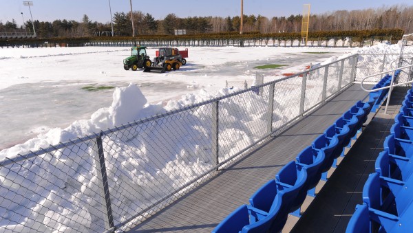 Crews have partially cleared the snow from Mahaney Diamond at the University of Maine. Crews have partially cleared the snow from Mahaney Diamond at the University of Maine.