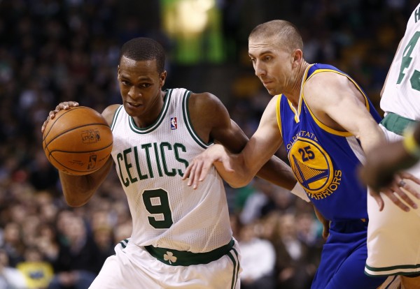 Boston Celtics point guard Rajon Rondo (9) drives to the hoop against Golden State's Steve Blake (25) during the second half of Wednesday's NBA game at TD Garden in Bangor. The Warriors won 108-88. Boston Celtics point guard Rajon Rondo (9) drives to the hoop against Golden State's Steve Blake (25) during the second half of Wednesday's NBA game at TD Garden in Bangor. The Warriors won 108-88.