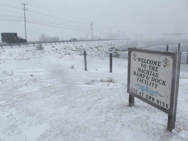 Traffic crosses U.S. Route 1 on the dike across the Middle River in Machias on Wednesday afternoon while the opposite side is scarcely visible because of blizzard conditions. Traffic crosses U.S. Route 1 on the dike across the Middle River in Machias on Wednesday afternoon while the opposite side is scarcely visible because of blizzard conditions.
