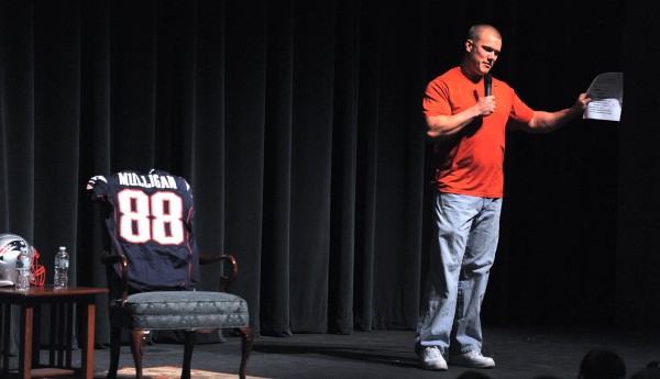 Enfield native Matt Mulligan, formerly of the New England Patriots, speaks to students at Husson University's Gracie Theatre on March 24. Enfield native Matt Mulligan, formerly of the New England Patriots, speaks to students at Husson University's Gracie Theatre on March 24.