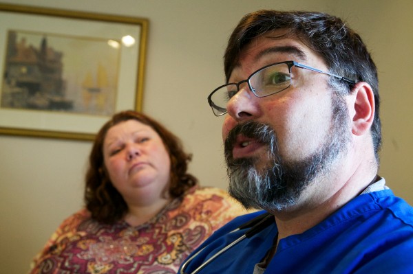 On April 4, South Portland doctor Michael Ciampi, who does not accept insurance or medicaid, explains how his subscription care service works out to about $50 per month for patients like Roxanne Pettigrow (left). On April 4, South Portland doctor Michael Ciampi, who does not accept insurance or medicaid, explains how his subscription care service works out to about $50 per month for patients like Roxanne Pettigrow (left).