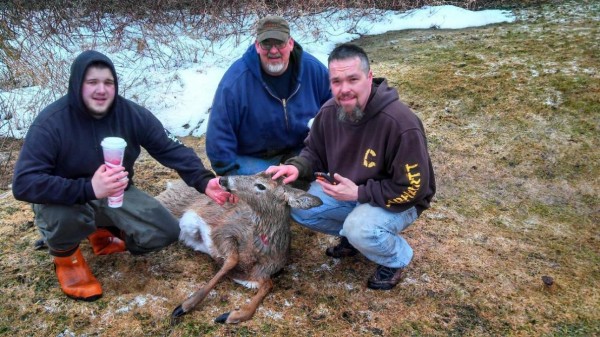 Charlie Gould (from left), his father, Hartland Assistant Fire Chief Charles Gould, and Hartland Fire Chief Tim Kuespert are shown with the doe they rescued Saturday morning after she fell through the ice on Big Indian Lake. Charlie Gould (from left), his father, Hartland Assistant Fire Chief Charles Gould, and Hartland Fire Chief Tim Kuespert are shown with the doe they rescued Saturday morning after she fell through the ice on Big Indian Lake.