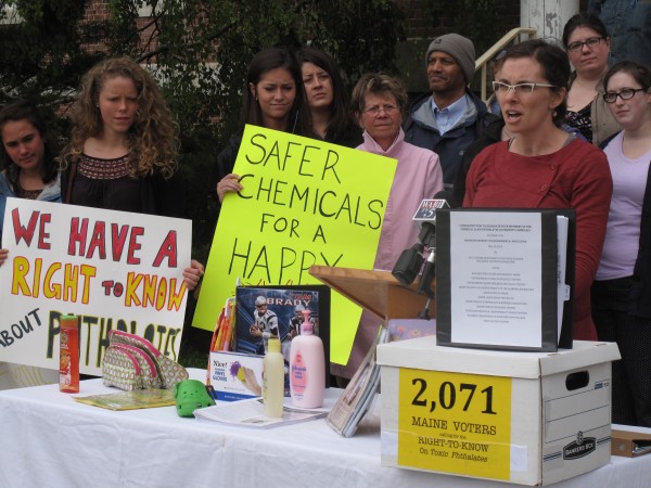 Katie Mae Simpson, a Portland mother, speaks Wednesday to activists and reporters as the Alliance for a Clean and Healthy Maine calls on the Maine DEP to regulate phthalates, potentially dangerous chemicals found in many household products. Katie Mae Simpson, a Portland mother, speaks Wednesday to activists and reporters as the Alliance for a Clean and Healthy Maine calls on the Maine DEP to regulate phthalates, potentially dangerous chemicals found in many household products.