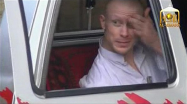 U.S. Army Sergeant Bowe Bergdahl waits in a pick-up truck before he is freed at the Afghan border, in this still image from video released June 4, 2014. U.S. Army Sergeant Bowe Bergdahl waits in a pick-up truck before he is freed at the Afghan border, in this still image from video released June 4, 2014.