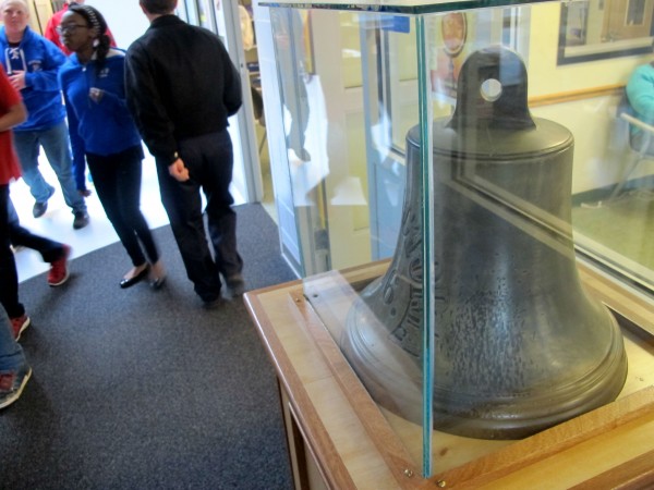 Students and staff walk past an historic bell, which some say is Canada's version of the Liberty Bell, at Peninsula School in the Gouldsboro village of Prospect Harbor. Students and staff walk past an historic bell, which some say is Canada's version of the Liberty Bell, at Peninsula School in the Gouldsboro village of Prospect Harbor.